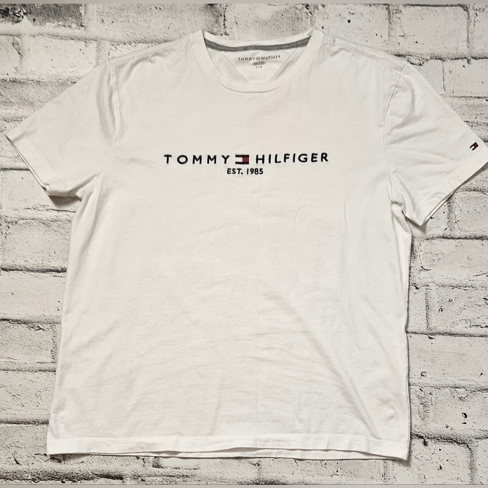 Tommy Hilfiger Mens Large White Embroidered Logo T Shirt Classic Preppy Tee
